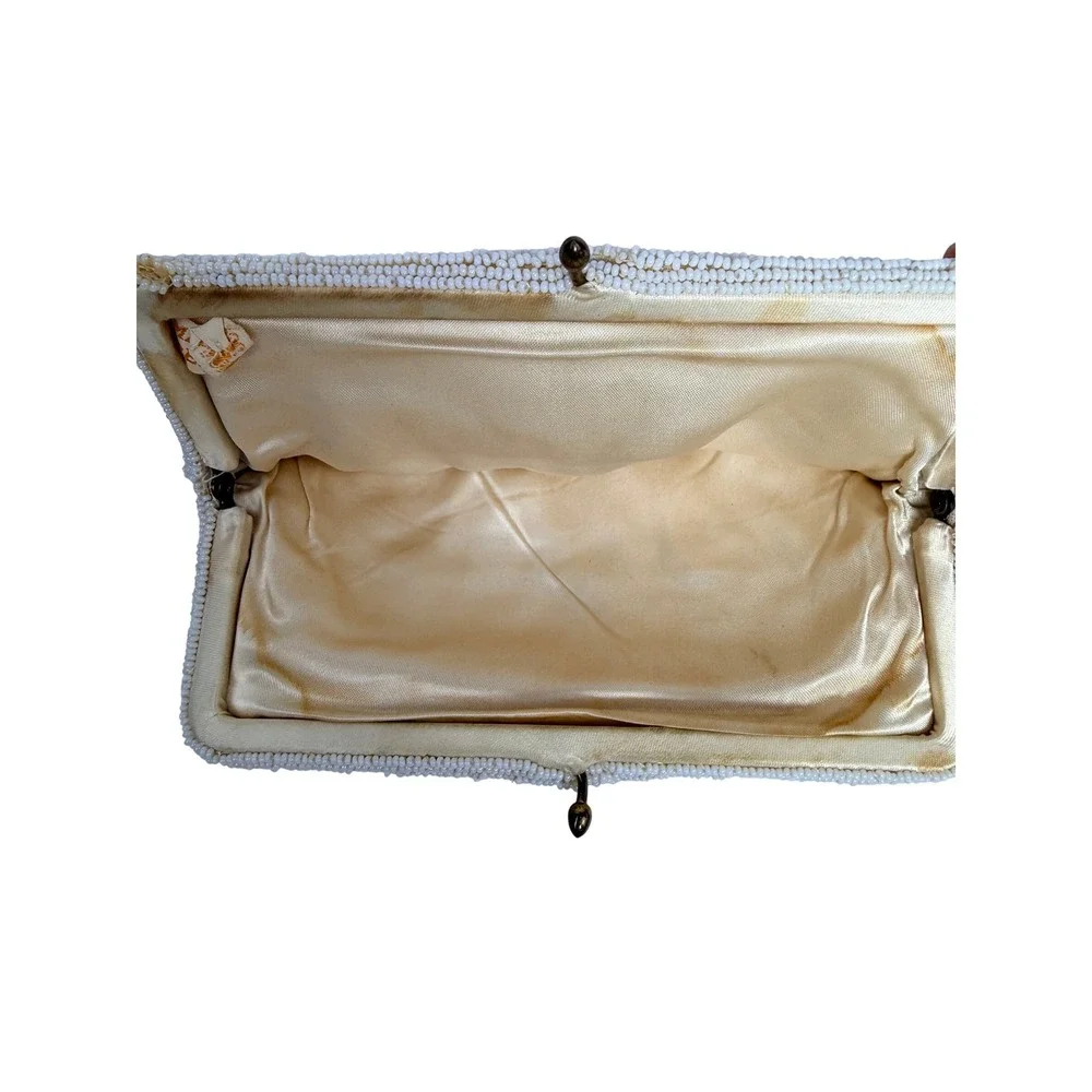 Vintage Made in Belgium White Beaded Clutch Kiss Lock Evening Bag - BH